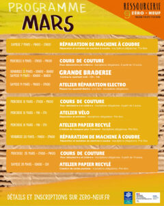 atelier ressourcerie zero neuf réparation de velo, cours de couture carnaval